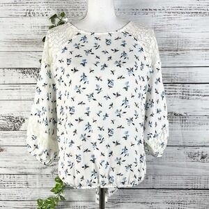 Ginnicks Blouse Tunic size Small Ivory Blue Coral Floral Lace Boho Cottage Core